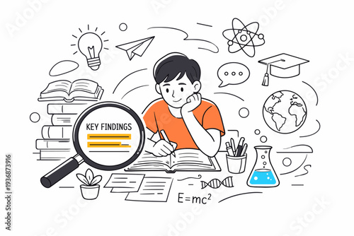 Academic research. Student surrounded by books and notes, magnifying glass highlighting key text, symbols of knowledge floating nearby. Quiet concentration and