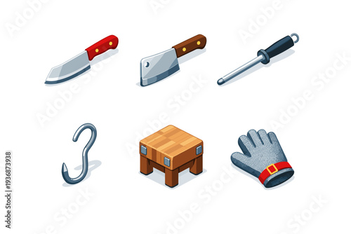 ButcherTools. Isometric flat vector icons set of ButcherTools: butcher knife, meat cleaver, sharpening steel rod, meat hook, cutting table block, protective