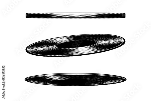 Vinyl Record ? side profile thickness. A vinyl record highlighting edge thickness and subtle curvature of the disc, illustrated as one record shown from three