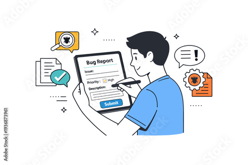 Bug report. A simple editorial scene with a person submitting a bug report on a tablet, clear communication and structured feedback, small document icons