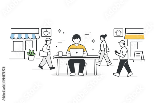 Remote work impact on local communities. A person working on a laptop at a shared table while local residents pass by, storefront signs becoming more abstract.