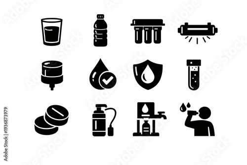 Safe Drinking Water. Solid icon set of Safe Drinking Water: drinking glass, bottled water, filtration system, UV purifier, ceramic filter, water quality badge,