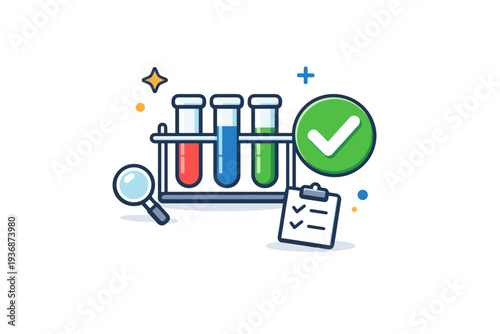 Medical diagnostics focused on laboratory testing with test tubes and a check mark arranged in a clean visual cluster, expressing precision, safety, and