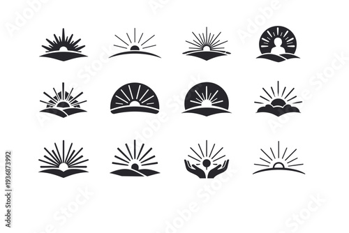 divine presence. Icon set. Set Logo of divine presence: sacred light rays. harmonious logo variations of the same emblematic concept, each with different