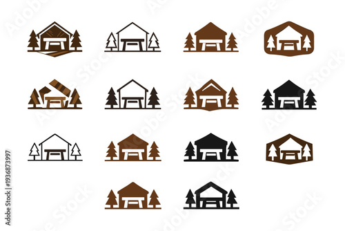 Decorating with reclaimed wood. Icon set. Set Logo of Decorating with reclaimed wood: wooden furniture accent. harmonious logo variations of the same