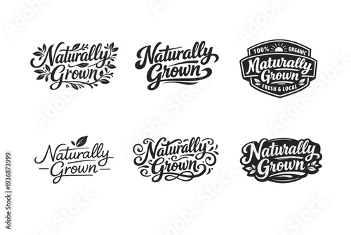 Naturally Grown. Set lettering. harmonious lettering variations of the same emblematic concept, each with different artistic interpretation (Decorative floral
