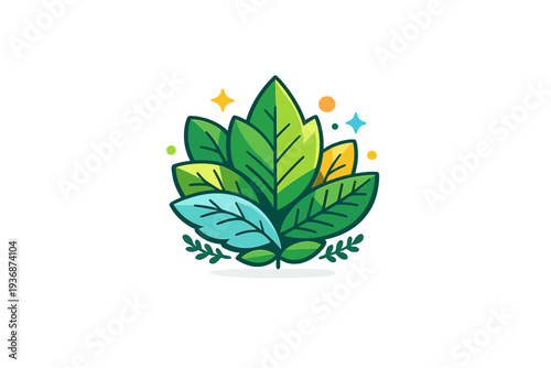 Greenery elements arranged as a decorative botanical badge, with layered leaves forming a compact emblem that communicates harmony, freshness, and modern