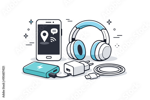 Travel gadgets. A compact scene showing a smartphone, headphones, power bank, and charger arranged in a tidy composition. The illustration conveys modern
