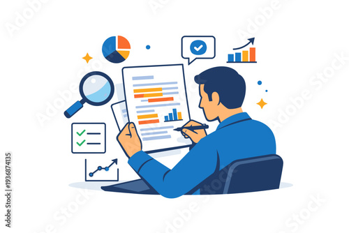 Business analyst document review shown through a professional figure studying a structured report with highlighted sections and small chart icons,