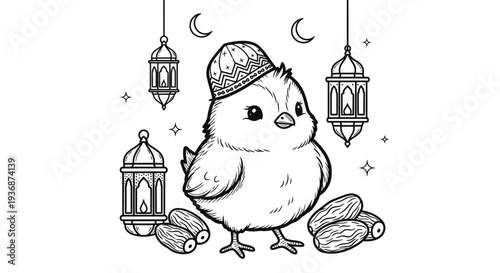 Chick with Ramadan lanterns and peanuts in festive scene