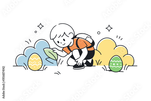 Easter egg hunt. A child searching for hidden Easter eggs among abstract bushes and shapes, playful discovery moment. Light movement, curiosity, and joyful