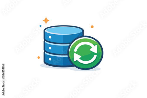 Backup and recovery systems represented by a database icon paired with a circular refresh symbol, symbolizing resilience and fast system recovery. The mood is