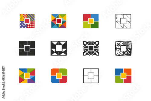 Patterned textiles. Icon set. Set Logo of Patterned textiles: patchwork textile square. harmonious logo variations of the same emblematic concept, each with