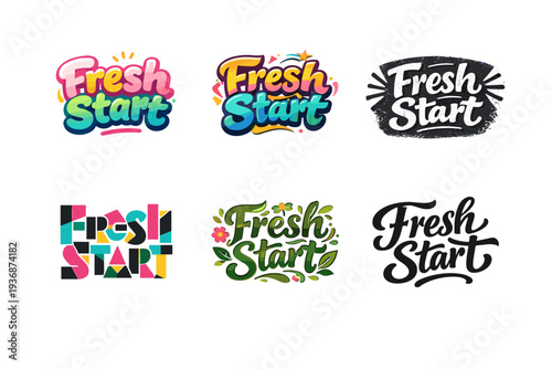 Fresh Start. Set lettering. harmonious lettering variations of the same emblematic concept, each with different artistic interpretation (Rounded bubble playful