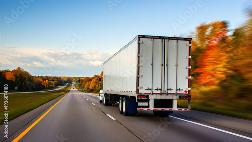 Bild auf Leinwand A white semi-truck speeds down an open highway bordered by vibrant autumn trees, symbolizing efficient freight transportation