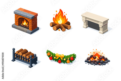 Fireplace. Isometric flat vector icons set of fireplace: brick fireplace, burning fire logs, fireplace mantel shelf, iron fire grate, decorative garland,