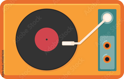 Retro Vinyl Record Player Vector. Vintage Turntable Illustration. Flat Vector Turntable Icon. Vinyl Player with Record Disc.