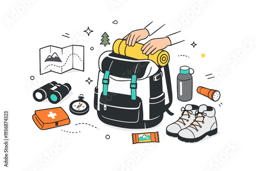 Preparing for a hike. A tidy editorial scene showing hands packing hiking gear into a backpack, conveying planning and mindful preparation. Calm movement,
