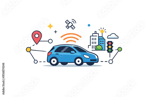 Smart mobility highlighting connected technology represented by a vehicle surrounded by simple network nodes and signal waves, suggesting data-driven