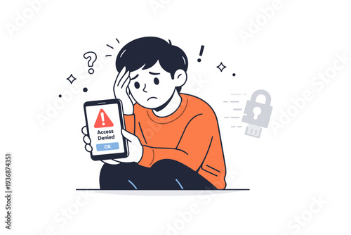 2FA device lost. A person holding a phone with an error screen while a small security key icon fades away nearby. Sudden anxiety and blocked access shown in a