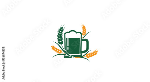 Green beer mug with barley and wheat ears illustration.