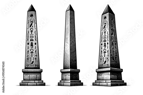 Classic obelisk ? A classic historical obelisk illustrated as the same object in three views, focusing on stone proportions, smooth taper, and engraved surface