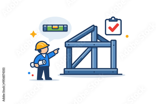 Structural engineer review moment represented by a small figure pointing at a rising frame with a level indicator icon. A composed editorial scene about
