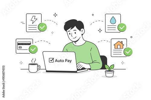 Automating bill payments. A calm editorial scene of a person setting up automatic payments on a laptop, sense of control and financial clarity, simple icons of