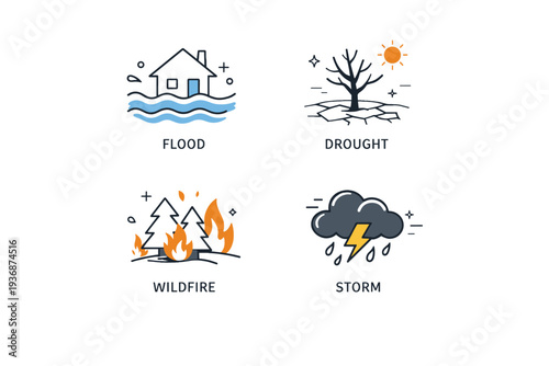 Climate impact icons. A focused layout showing icons of flood, drought, wildfire and storm cloud. Environmental consequences and natural imbalance, with subtle