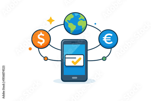 Mobile payment methods supporting global access shown through a smartphone connected to simple currency symbols or globe elements, conveying flexibility and