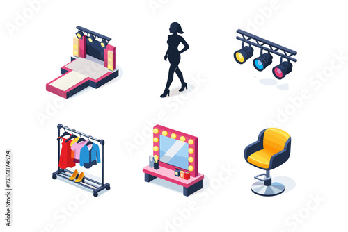 Runway style. Isometric flat vector icons set of Runway style: fashion runway stage, model walk pose silhouette, overhead stage lights, backstage clothing