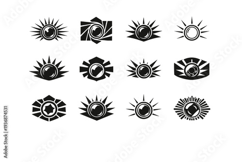 Fashion photography with dramatic lighting. Icon set. Set Logo of Fashion photography with dramatic lighting: camera lens with light rays. harmonious logo