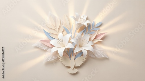 Paper cut bouquet of white lilies with a dove. Easter or religious celebration card with spring florals. Symbol of peace and purity.