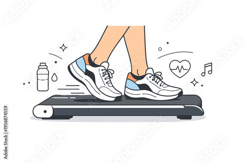 Fitness motivation. A clean editorial close-up of running shoes on a treadmill, subtle energy and motivation suggested with minimal icons and lines. Minimalist