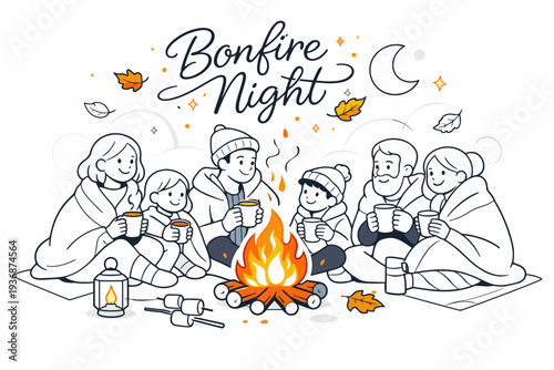 Autumn Bonfire Night. Family gathered near a fire with blankets and hot drinks, feeling warmth and togetherness. Falling leaves, glowing embers, and subtle