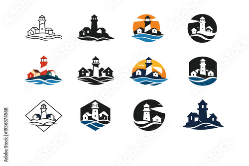 Coastal town. Icon set. Set Logo of coastal town: lighthouse by the sea. harmonious logo variations of the same emblematic concept, each with different