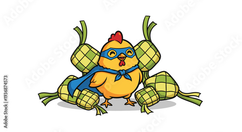 Chicken with mask and cape surrounded by wrapped corn