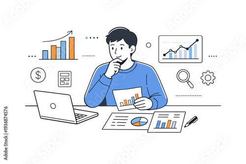 Financial analysis process. A person analyzing data on a laptop and documents, focused work and thoughtful evaluation. Simple bar charts and line graphs