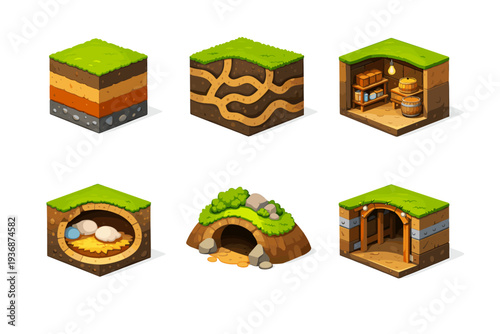 UndergroundLife. Isometric flat vector icons set of undergroundlife: soil layers cutaway, winding tunnel system, storage chamber, sleeping nest area, hidden