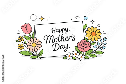 Floral Mother?s Day. A soft editorial scene with blooming flowers arranged around a simple greeting card. Warm appreciation and gentle celebration, with subtle