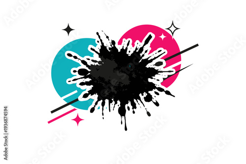 Realistic black and white ink splash as cut-out element with sharp white outline, vibrant turquoise and hot pink geometric circles overlapping asymmetrically,
