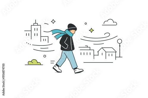 Urban cold breeze. A city street with buildings and a person walking against a light wind, suggesting cool weather and movement. The composition feels open and