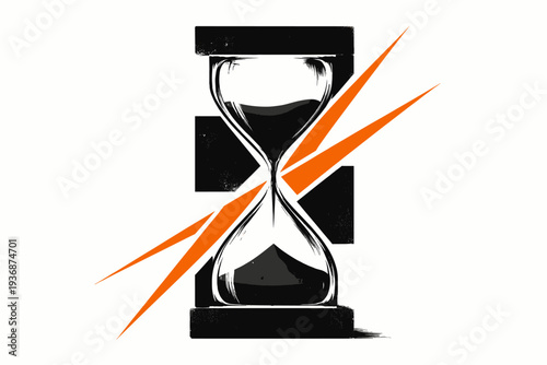 A minimal black-and-white sandglass enlarged dramatically, intersected by sharp orange geometric lines slicing diagonally through the center, abstract blocks