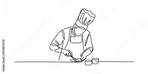 Chef Cooking One Line Drawing Art, Minimalist Chef Preparing Food.
