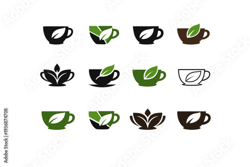 Hot beverages (tea, coffee, cocoa). Icon set. Set Logo of hot beverages (tea, coffee, cocoa): teacup with leaf. harmonious logo variations of the