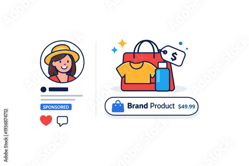 Influencer marketing sponsored post idea shown through a tagged product icon next to a creator profile, conveying transparency, promotion, and