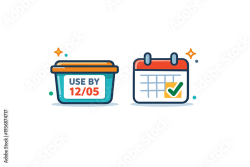 Food packaging icons combining a container and calendar symbol, expressing shelf life awareness, storage clarity, and informed food consumption. Minimalist
