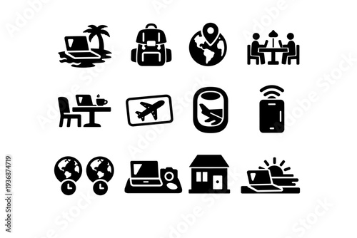 Digital Nomad Lifestyle. Solid icon set of Digital Nomad Lifestyle: laptop on beach, backpack travel, global map pin, coworking space, cafe workspace, passport
