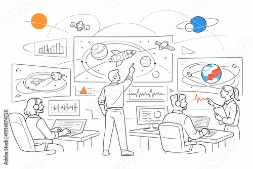 Space Mission Control. Engineers monitoring large holographic screens with spacecraft trajectories and data streams. Calm focus and precision, floating graphs