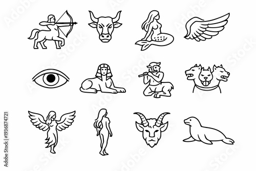 Mythical Creatures. Line icon set of Mythical Creatures: centaur archer, minotaur head, siren figure, pegasus wings, cyclops eye, sphinx pose, satyr flute,